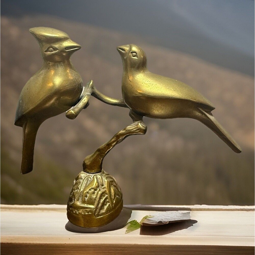 Vintage Love Birds Brass Figurine Cardinals on Branch - Mid-Century Modern